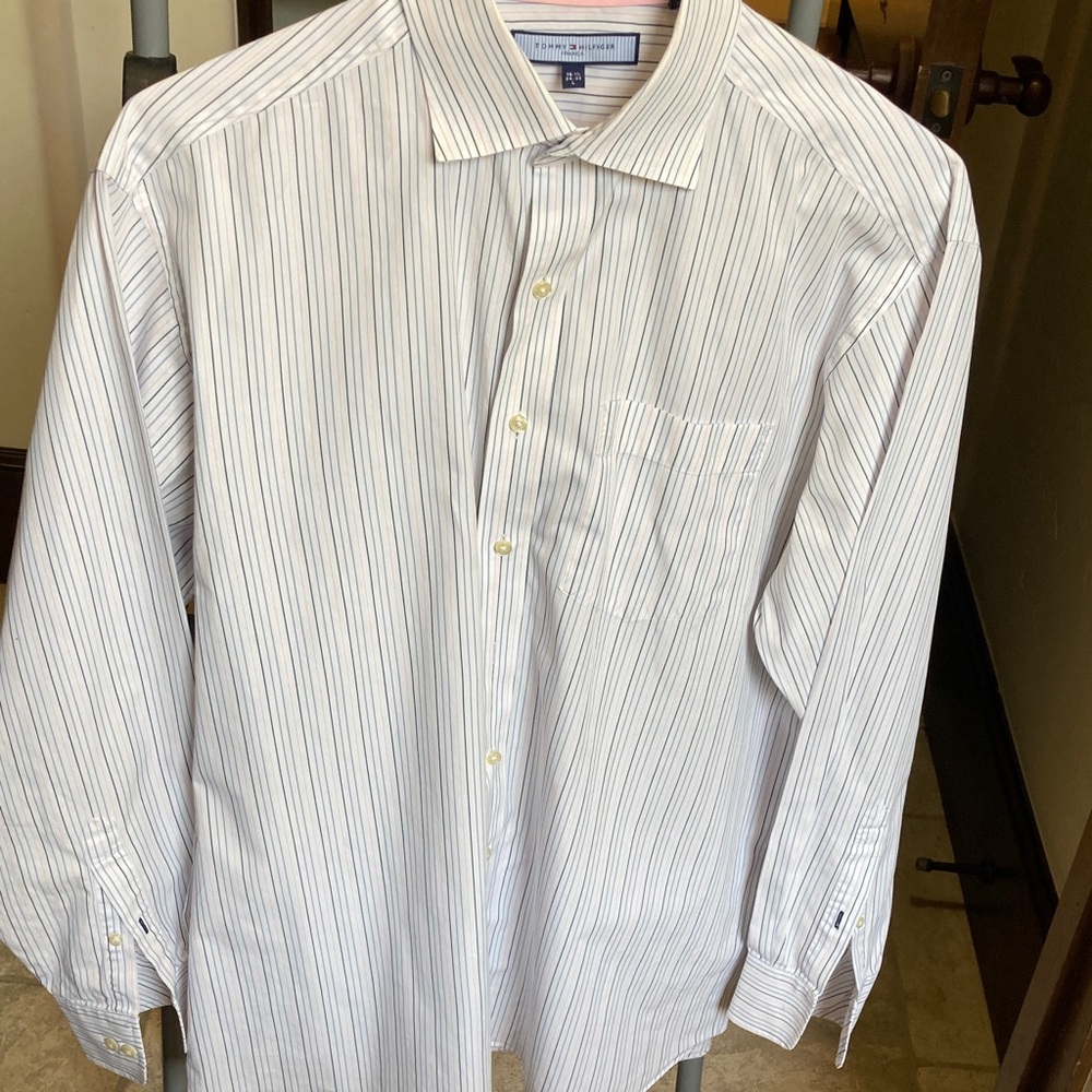 Tommy Hilfiger White and Blue Striped Dress Shirt
